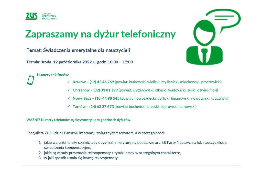 Informacja dotycząca dyżuru telefonicznego ZUS w tematyce świadczeń emerytalnych