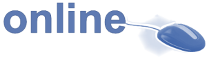 Niebieska ikonka dla form realizowanych online, składająca się z: napisu online i myszki komputerowej.