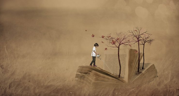 Książka, dziecko, drzewa