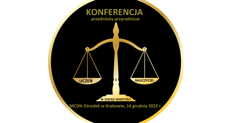 Grafika promująca konferencję 14 grudnia przedstawiająca wagę z napisami uczeń i nauczyciel.