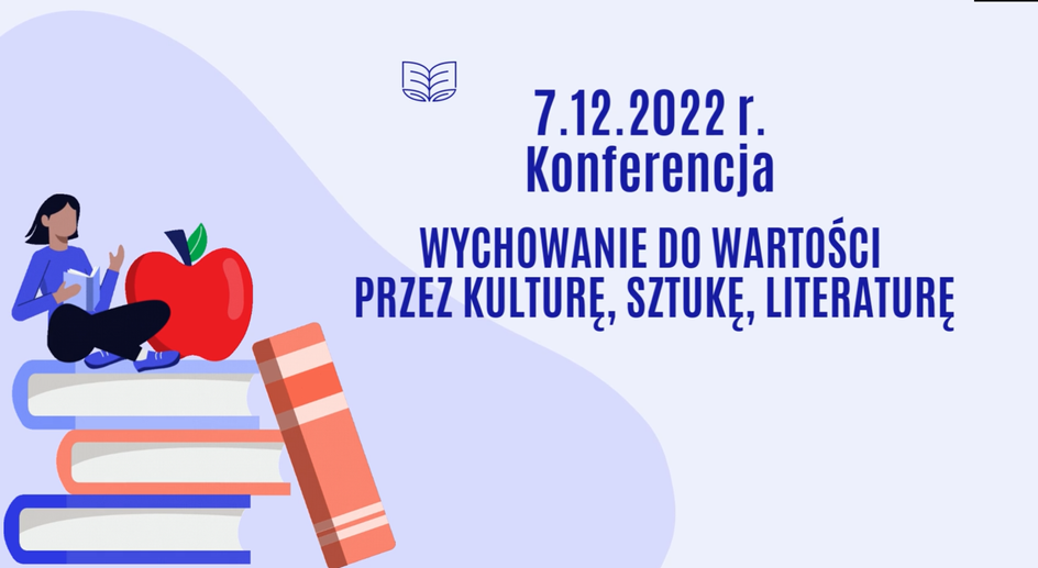 Obrazek przedstawia stos książek, na błękitno-szarym tle. Na nim siedzi czytająca książkę dziewczyna.