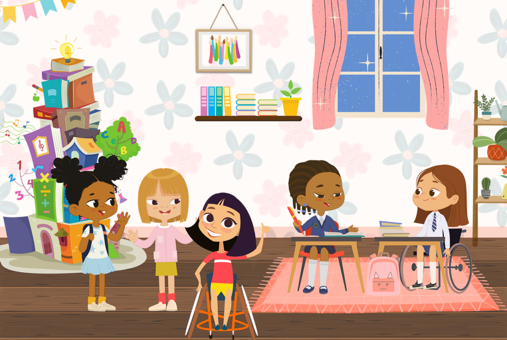 Grafika - Klasa szkolna składająca się z pięciu uczniów. Dwóch uczniów z niepełnosprawnościami.