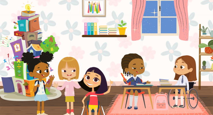 Grafika - Klasa szkolna składająca się z pięciu uczniów. Dwóch uczniów z niepełnosprawnościami.