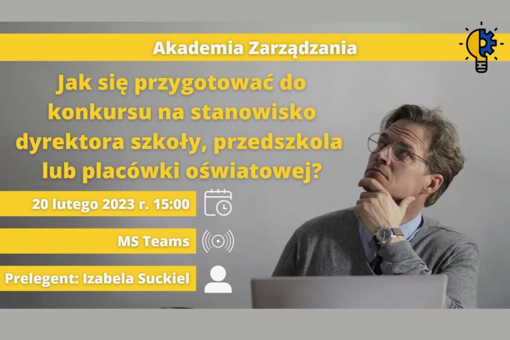 Grafika przedstawiająca tytuł, termin oraz nazwisko prelegenta. Na grafice mężczyzna w okularach.