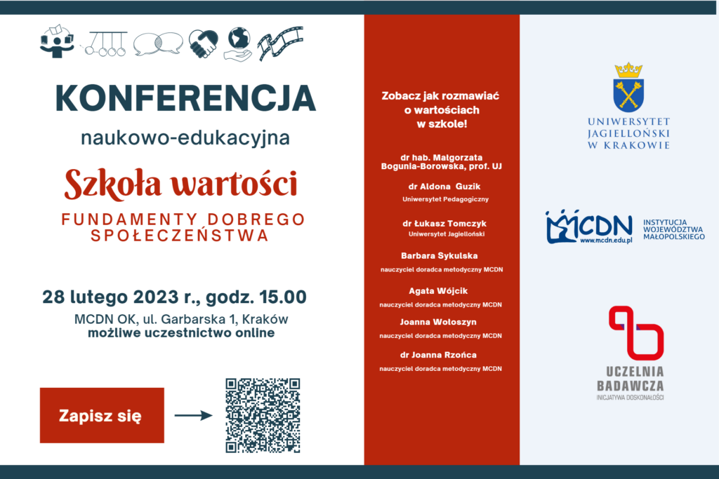 Plakat promujący konferencję "Szkoła wartości fundament dobrego społeczeństwa"