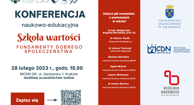 Plakat promujący konferencję "Szkoła wartości fundament dobrego społeczeństwa"