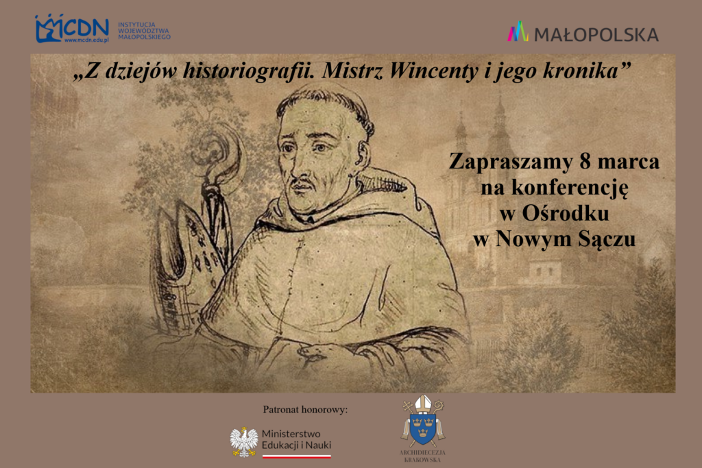 Mistrz Wincenty Kadłubek w tle budynek kościoła