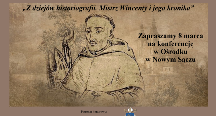 Mistrz Wincenty Kadłubek w tle budynek kościoła