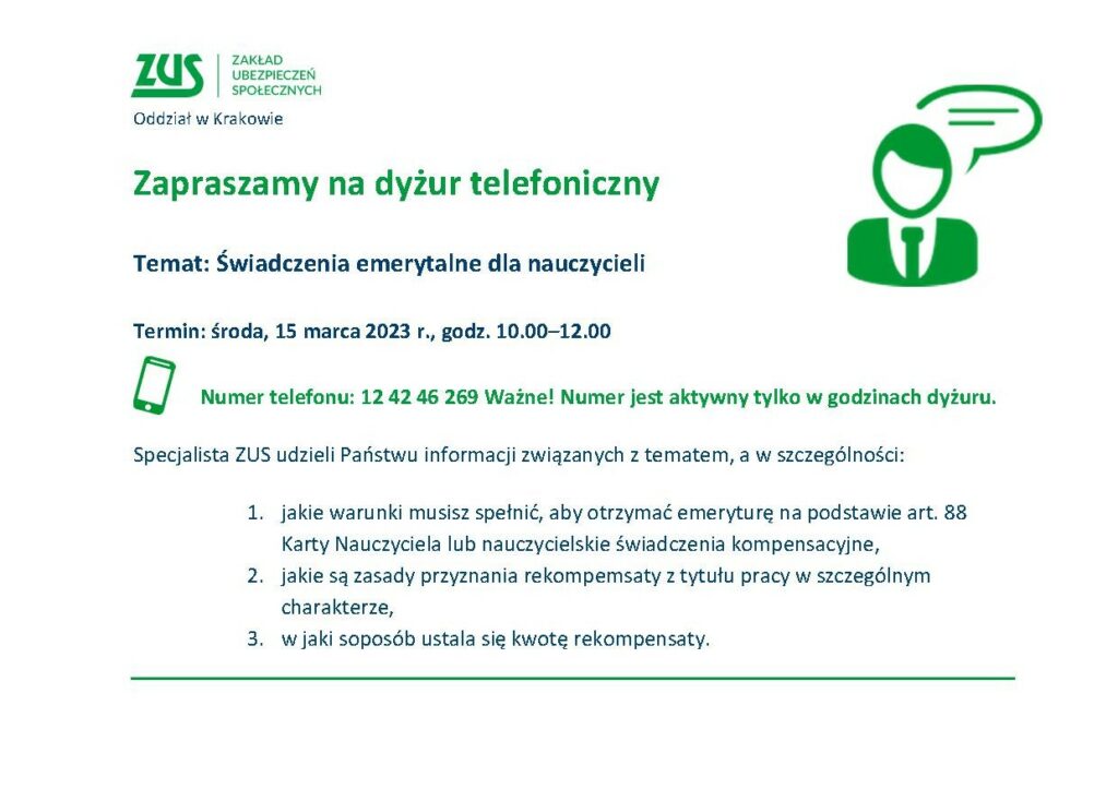 Broszura informacyjne dotycząca dyżuru telefonicznego ZUS