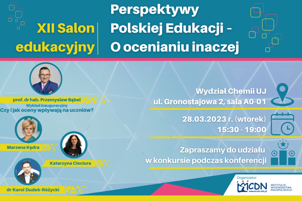 Grafika przedstawia baner promocyjny konferencji, na którym znajduje się nazwa konferencji, data i miejsce oraz imiona i nazwiska prelegentów wraz z ich zdjęciami.