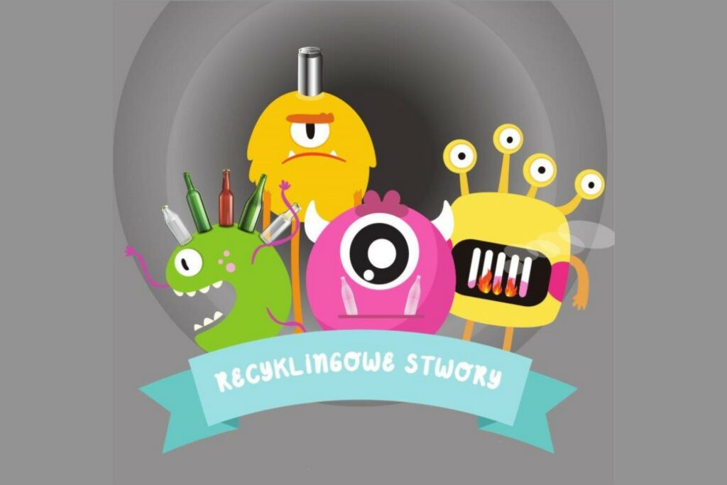 Plakat konkursu przedstawiający stwory przypominające zużyte przedmioty w postaci butelek, puszek i innych śmieci.