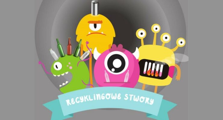 Plakat konkursu przedstawiający stwory przypominające zużyte przedmioty w postaci butelek, puszek i innych śmieci.