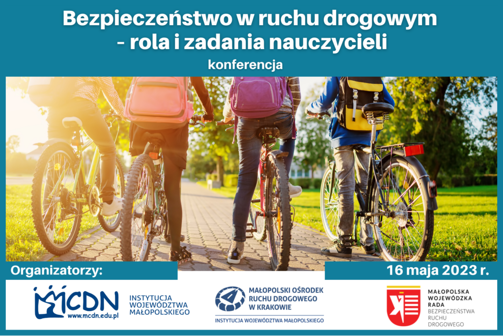 Grafika przedstawia tytuł konferencji u góry grafiki, poniżej znajduje się ilustracyjne zdjęcie osób na rowerach oraz data spotkania wraz z logami organizatorów