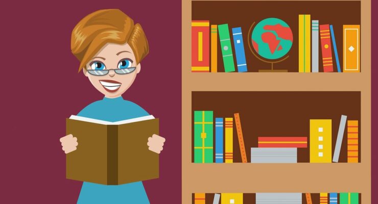 grafika, biblioteka, nauczycielka czytająca książkę
