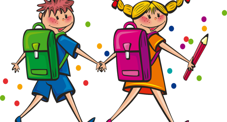 grafika przedstawia dwójkę dzieci z tornistrami
