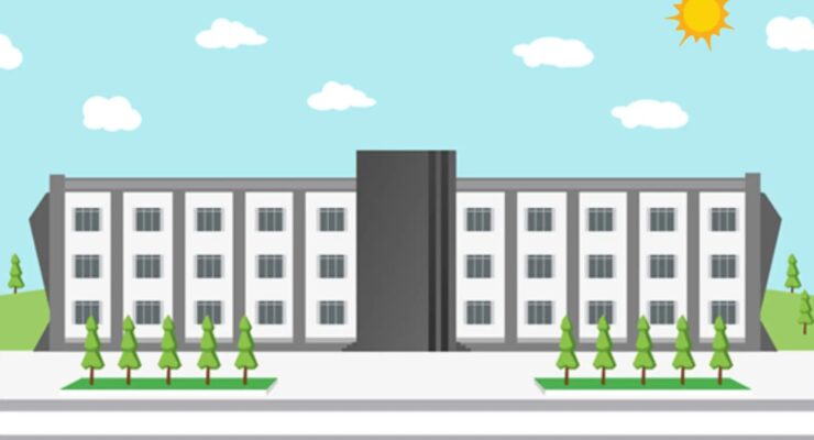 Obrazek przedstawia: budynek szkoły , na pierwszym planie są drzewa