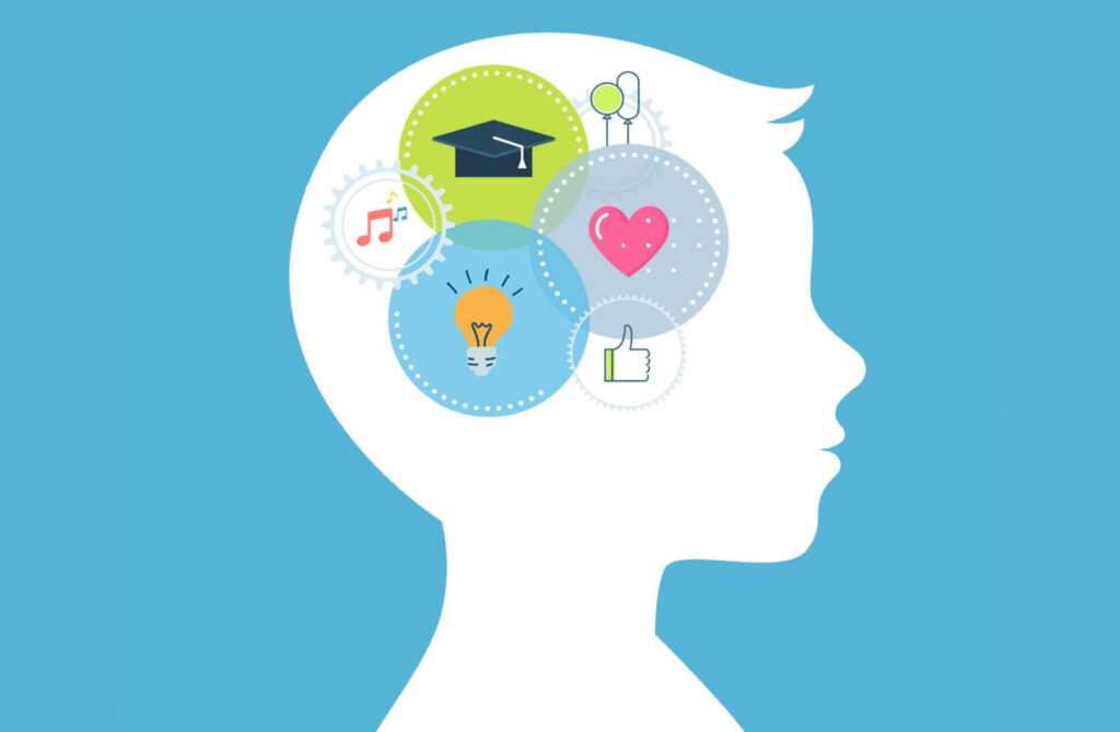 zarys głowy dziecka z układanką kół zębatych, w których znajdują się atrybuty odnoszące się do wiedzy, kreatywności, pomysłowości