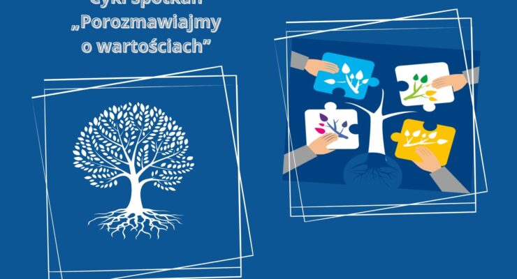 kolaż przedstawiający zarys drzewa, puzle kart, dłonie trzymające karty