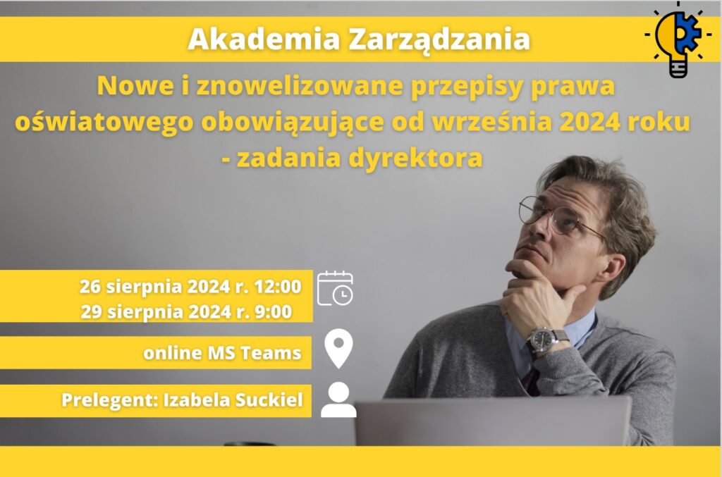 Mężczyzna pracujący przy laptopie, tekst promujący Akademię Zarządzania