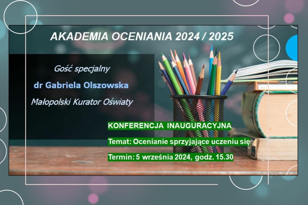 grafika Akademii Oceniania, kolorowe kredki, książki