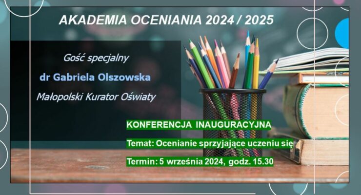 grafika Akademii Oceniania, kolorowe kredki, książki