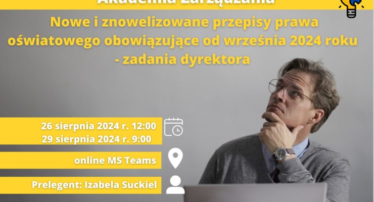 Mężczyzna pracujący przy laptopie, tekst promujący Akademię Zarządzania