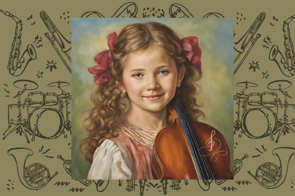 obraz AI dziewczynki ze skrzypcami, w tle współczesne instrumenty
