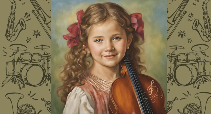 obraz AI dziewczynki ze skrzypcami, w tle współczesne instrumenty