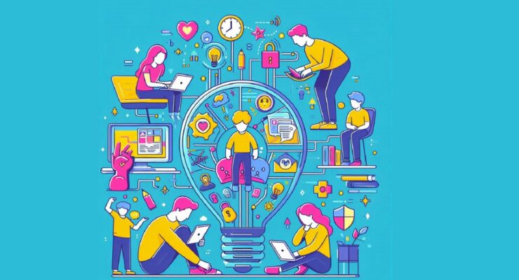 grafika przedstawia sylwetki dzieci wokół żarówki