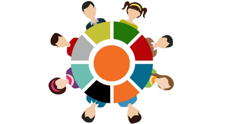 dzieci wokół wielokolorowego koła