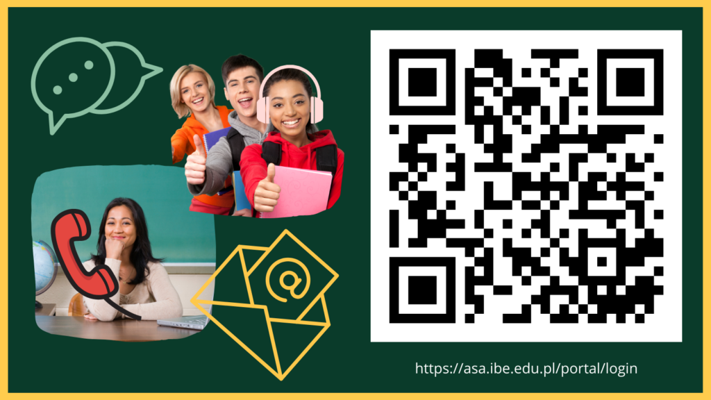 kod QR, para dzieci i kobieta, ikony maila, rozmowy, słuchawka telefoniczna