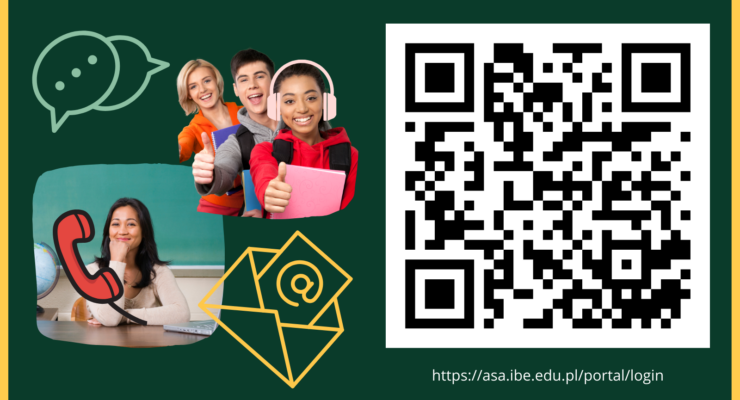 kod QR, para dzieci i kobieta, ikony maila, rozmowy, słuchawka telefoniczna