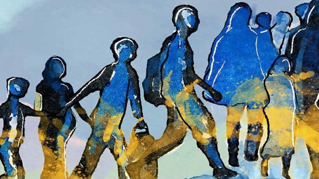 sylwetki osób w różnym wieku, trzymające się za ręce i poruszające się