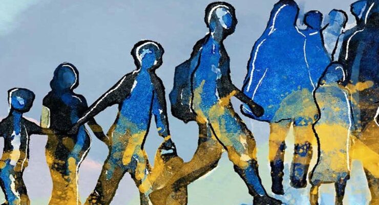 sylwetki osób w różnym wieku, trzymające się za ręce i poruszające się