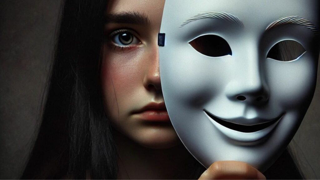 dziewczynka trzymająca białą maskę zasłaniającą część jej twarzy