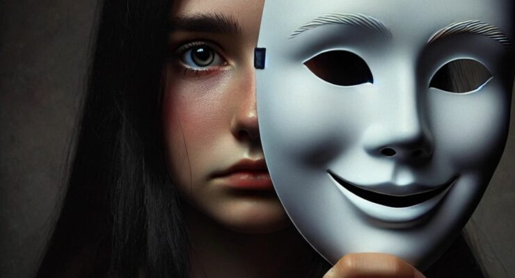 dziewczynka trzymająca białą maskę zasłaniającą część jej twarzy