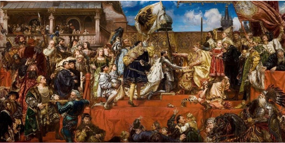 Obraz: Hołd Pruski, Autor: Jan Matejko. Obraz i fotografia (Anna Stankiewicz) pochodzi ze zbiorów Zamku Królewskiego na Wawelu.