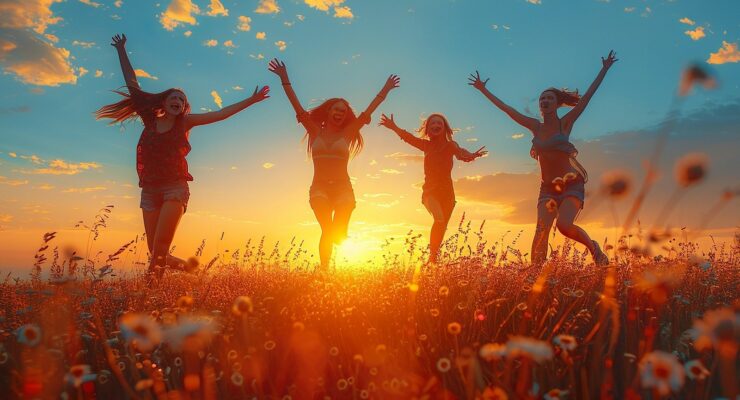 dziewczyny w bikini, łąka, słoneczne niebo