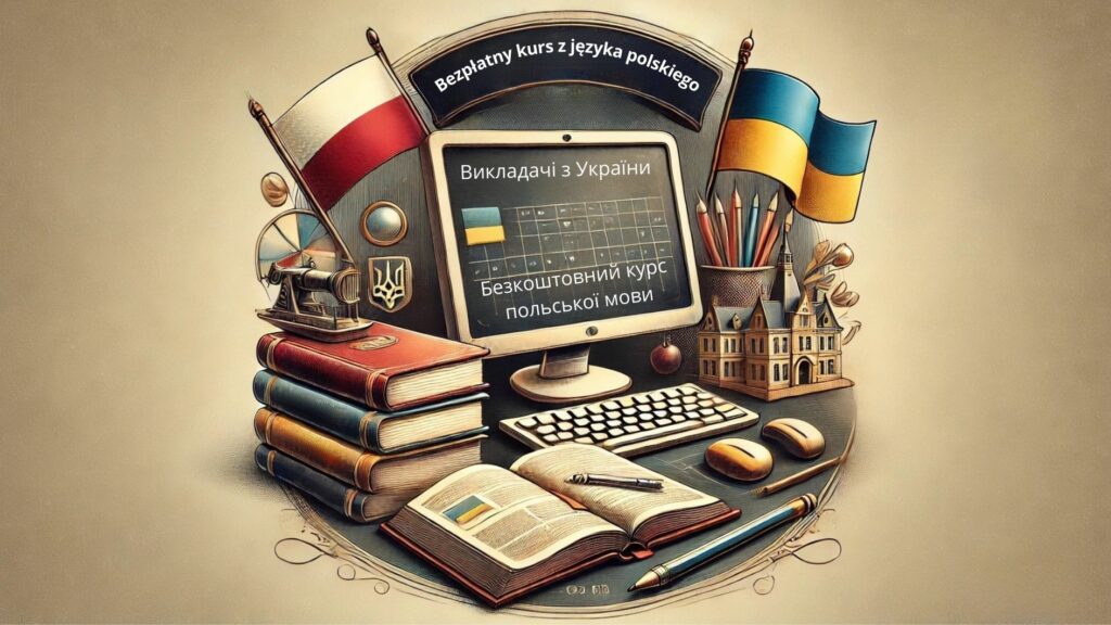 grafika AI, komputer, książki, flaga Polski i Ukrainy