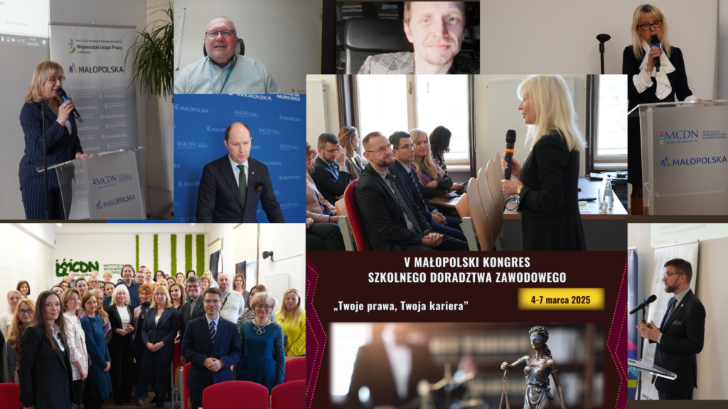 Tegoroczny Kongres, organizowany we współpracy z Wojewódzkim Urzędem Pracy w Krakowie, skupił się na prawnych aspektach doradztwa zawodowego. Podkreślano znaczenie edukacji prawnej, świadomości praw i obowiązków obywatelskich oraz zagrożeń wynikających z ich nieznajomości. Wydarzenie zgromadziło doradców zawodowych, pedagogów, psychologów, wychowawców, a także przedstawicieli zawodów prawniczych. Wysoki poziom merytoryczny zapewnili znakomici prelegenci, wśród których znaleźli się: • Sędzia Anna Maria Wesołowska, • przedstawiciele Okręgowej Rady Adwokackiej w Krakowie, Krakowskiej Izby Notarialnej i Krajowej Szkoły Sądownictwa i Prokuratury, • eksperci Wojewódzkiego Urzędu Pracy w Krakowie, • nauczyciele konsultanci i doradcy metodyczni z MCDN OK. Sesje tematyczne odbywały się w formie stacjonarnej, hybrydowej i online, zapewniając elastyczny dostęp do treści. Omawiano m.in.: • kompetencje prawne w edukacji formalnej, • zawody prawnicze na współczesnym rynku pracy, • wyzwania edukacyjno-zawodowe w pracy z młodzieżą i dorosłymi. Podczas Kongresu realizowano kluczowe cele, takie jak: • Aktualizacja wiedzy o rynku pracy – uczestnicy poznali specyfikę zawodów prawniczych oraz ścieżki kształcenia adwokatów, prokuratorów, radców prawnych i referendarzy sądowych. • Propagowanie idei uczenia się przez całe życie – eksperci podkreślali konieczność nieustannego rozwoju kompetencji zawodowych. • Wsparcie doradców zawodowych, pedagogów i psychologów – wydarzenie dostarczyło narzędzi i wskazówek przydatnych w pracy z uczniami, zgodnie z obowiązującymi regulacjami. • Popularyzacja dobrych praktyk – prelegenci przedstawili sprawdzone rozwiązania, które mogą zostać wdrożone w placówkach edukacyjnych. Dziękujemy wszystkim prelegentom za zaangażowanie i cenny wkład w rozwój szkolnego doradztwa zawodowego! Dziękujemy również uczestnikom za obecność i liczne informacje zwrotne. Do zobaczenia za rok!